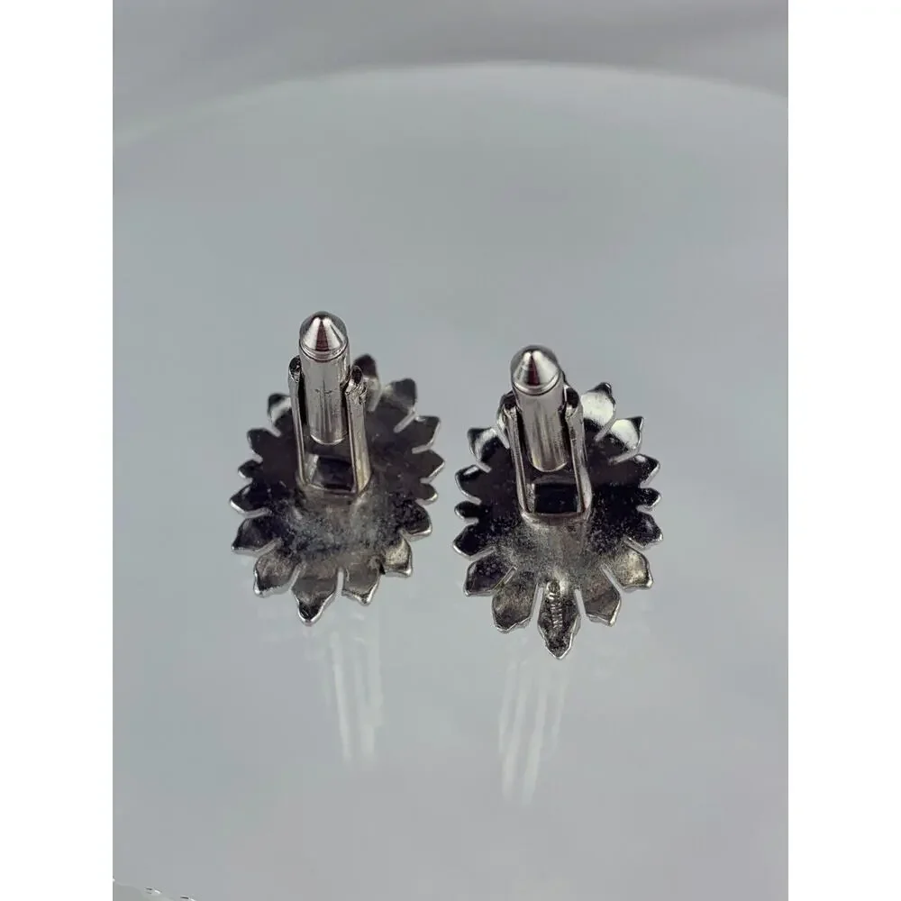 Large Sun Burst Sterling Silver Cufflinks Marcasite Shield Flower Statement VTG